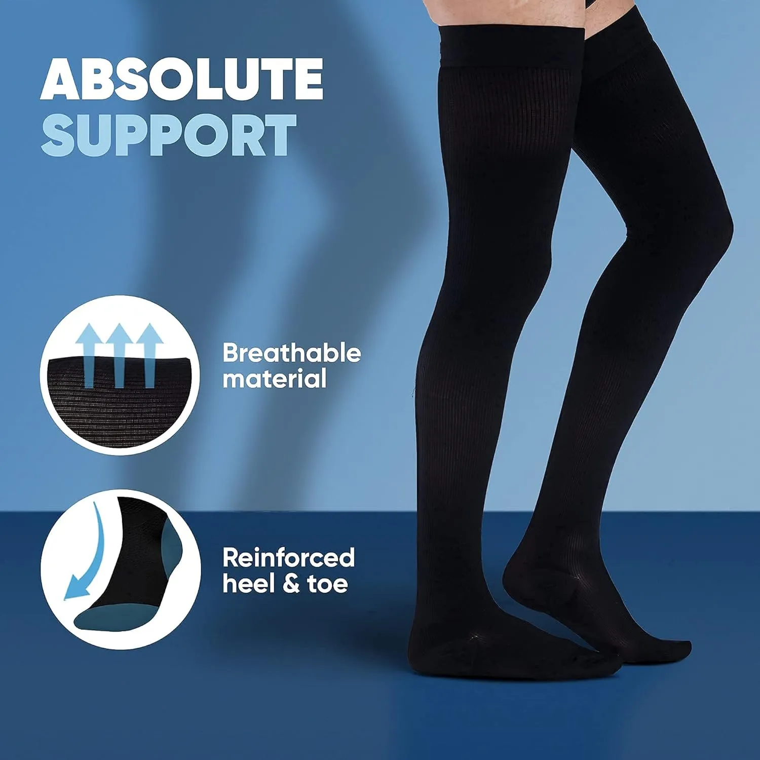Thigh High Compression Socks for Men 20-30 mmHg - Full Length Compression Support Over Knee Stockings - Black, X-Large