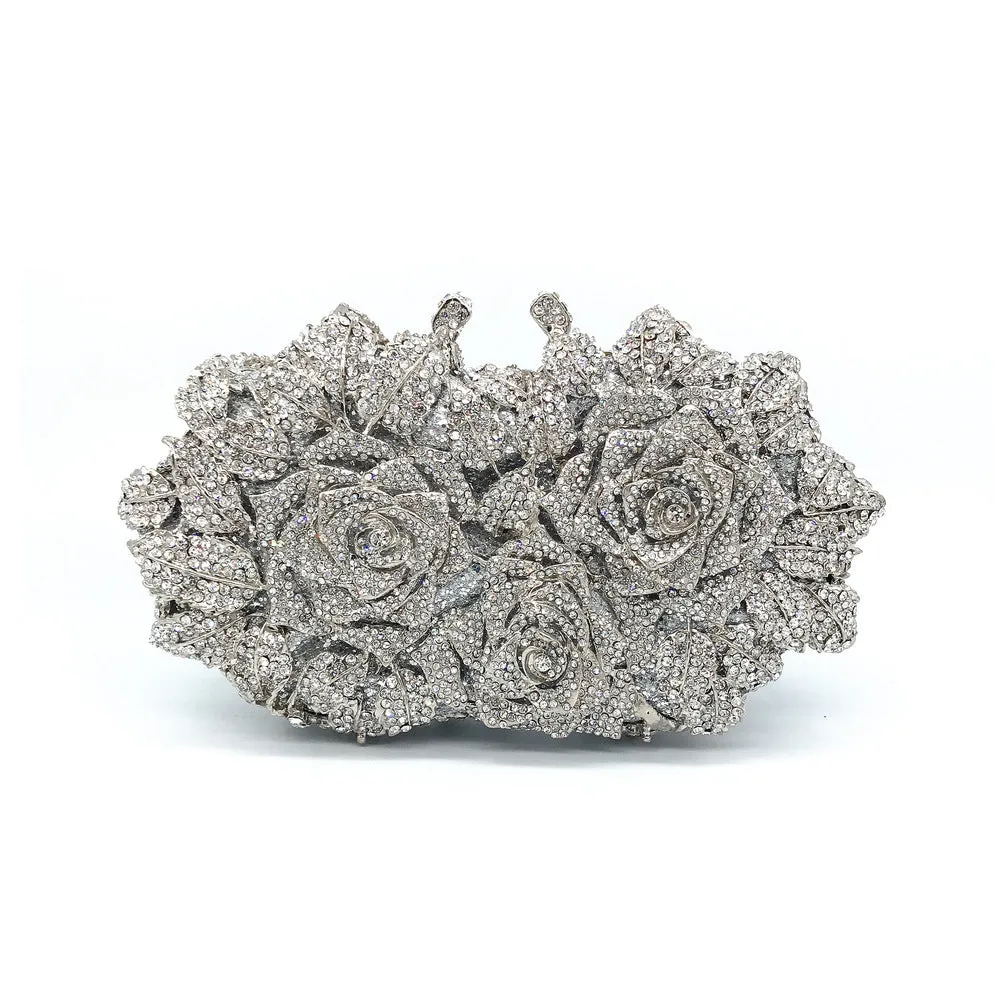 Three Roses Luxury Flower Rhinestone Clutch Bag