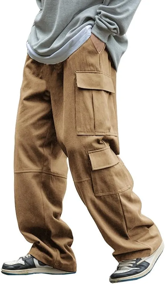 THWEI Mens Cargo Pants Drawstring Elastic Waist Casual Baggy Pant Streetwear Multi Pockets