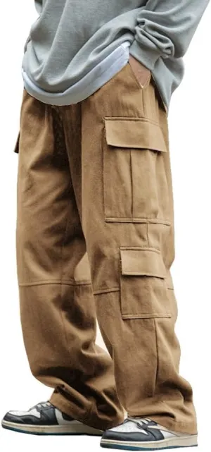 THWEI Mens Cargo Pants Drawstring Elastic Waist Casual Baggy Pant Streetwear Multi Pockets