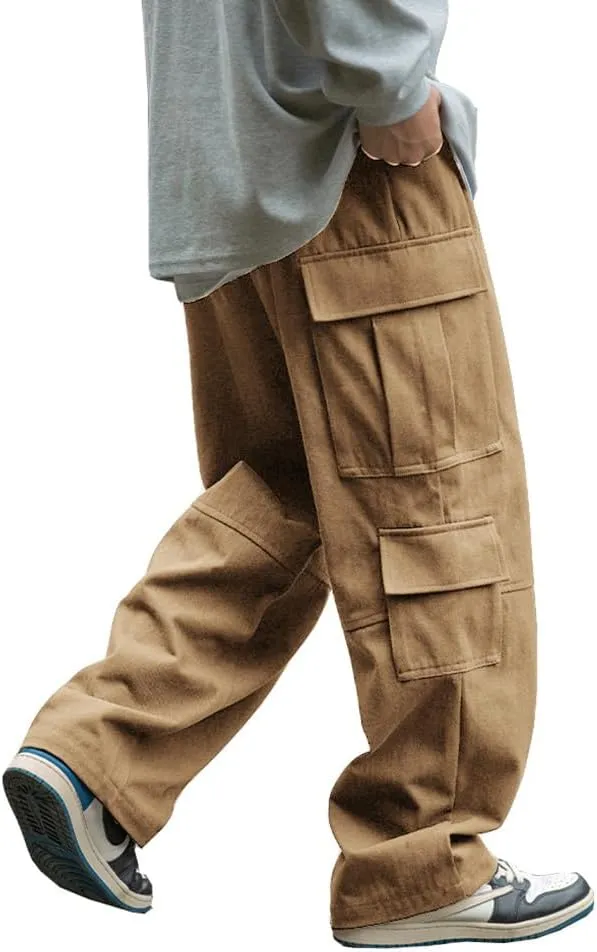 THWEI Mens Cargo Pants Drawstring Elastic Waist Casual Baggy Pant Streetwear Multi Pockets
