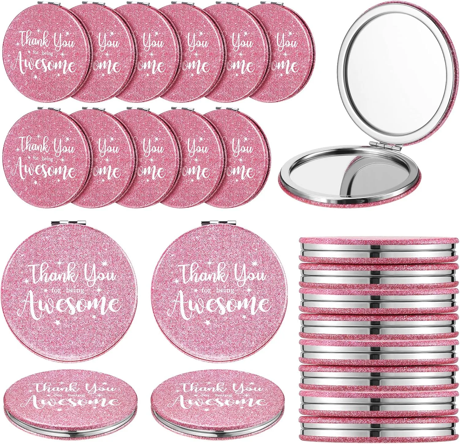 Thyle 24 Pcs Pink Inspirational Compact Mirror Gifts for Women Thank You for Being Awesome Travel Bling Pocket Mirror Bulk Double Sided for Mother's Day Employee Coworker Birthday Female Gifts