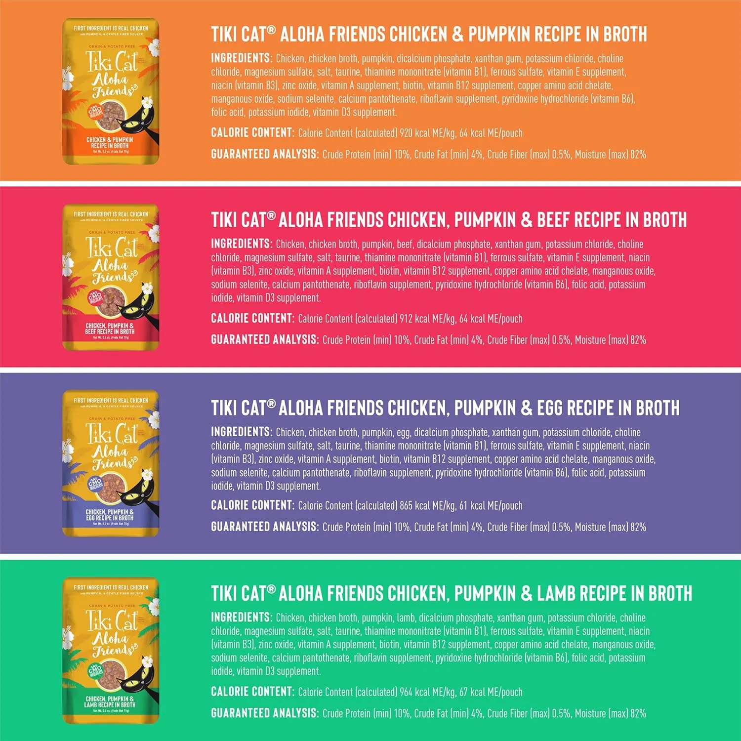 Tiki Cat Aloha Friends Variety Pack, Meaty Flavors Mixed with Pumpkin, Wet, High-Protein & High-Moisture Cat Food, For All Life Stages, 2.5 oz. Pouch (Pack of 12)