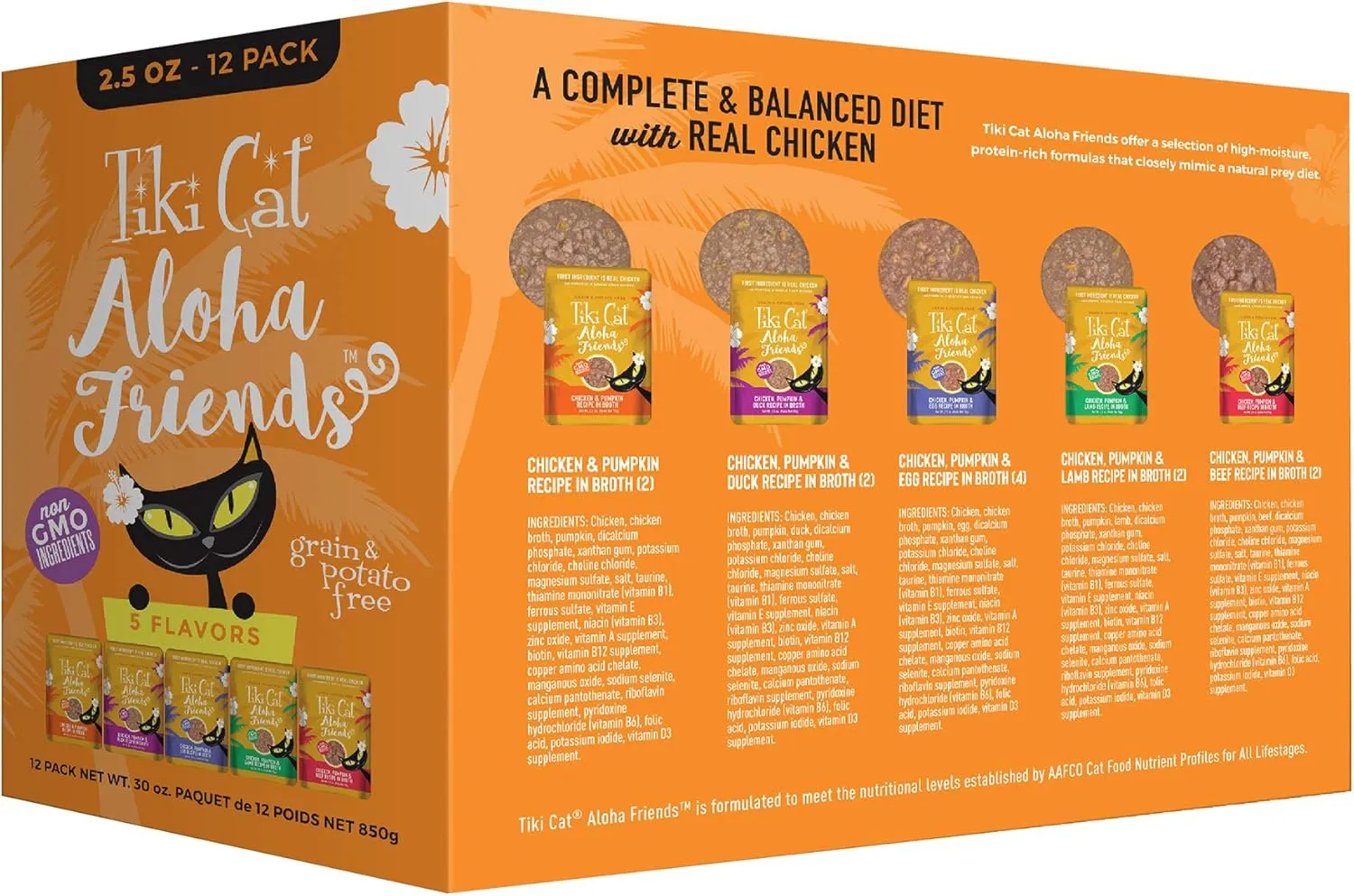 Tiki Cat Aloha Friends Variety Pack, Meaty Flavors Mixed with Pumpkin, Wet, High-Protein & High-Moisture Cat Food, For All Life Stages, 2.5 oz. Pouch (Pack of 12)