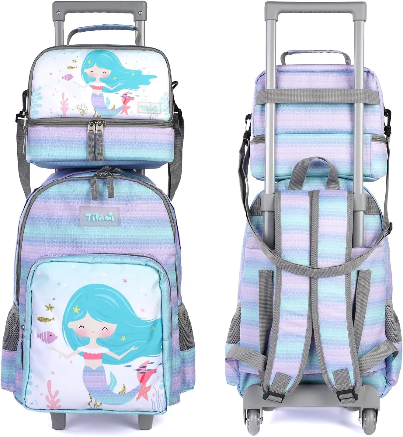 Tilami Rolling Backpack 18 inch Double Handle with Lunch Bag Wheeled Kids Backpack, Mermaid Purple