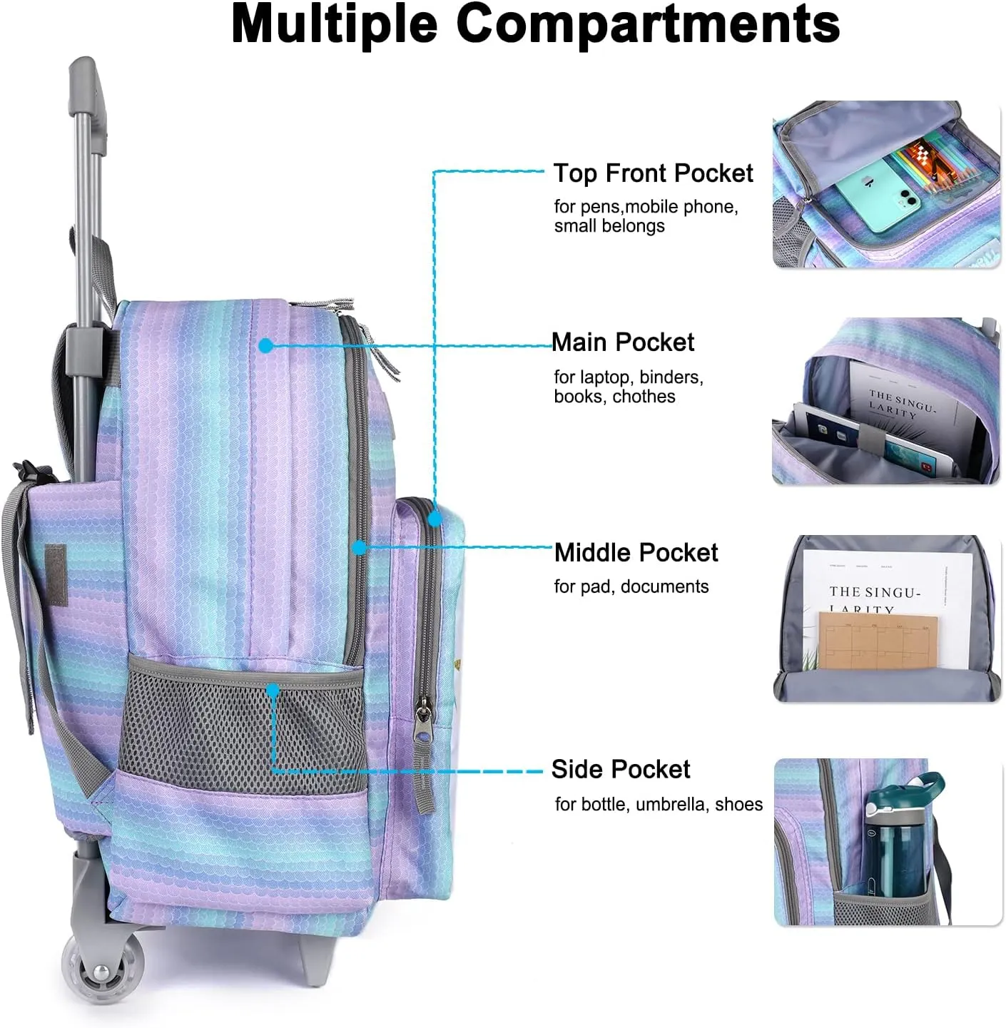 Tilami Rolling Backpack 18 inch Double Handle with Lunch Bag Wheeled Kids Backpack, Mermaid Purple