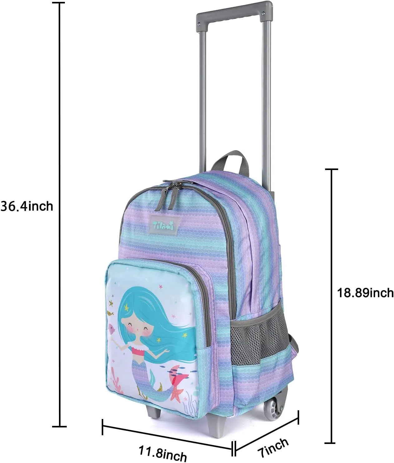 Tilami Rolling Backpack 18 inch Double Handle with Lunch Bag Wheeled Kids Backpack, Mermaid Purple