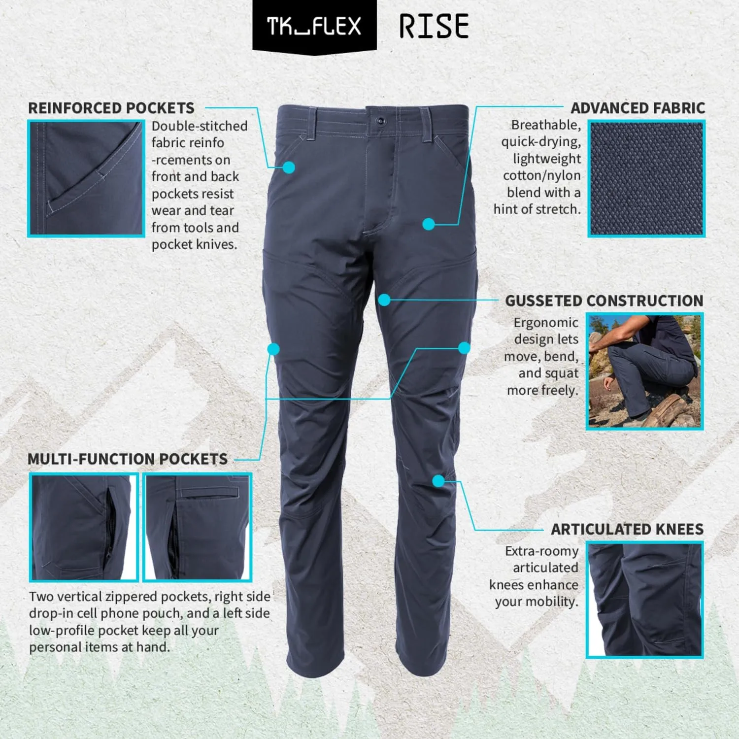 TK Flex Rise Men's Technical Pants Quick Dry Breathable Outdoor Hiking 8 Pockets
