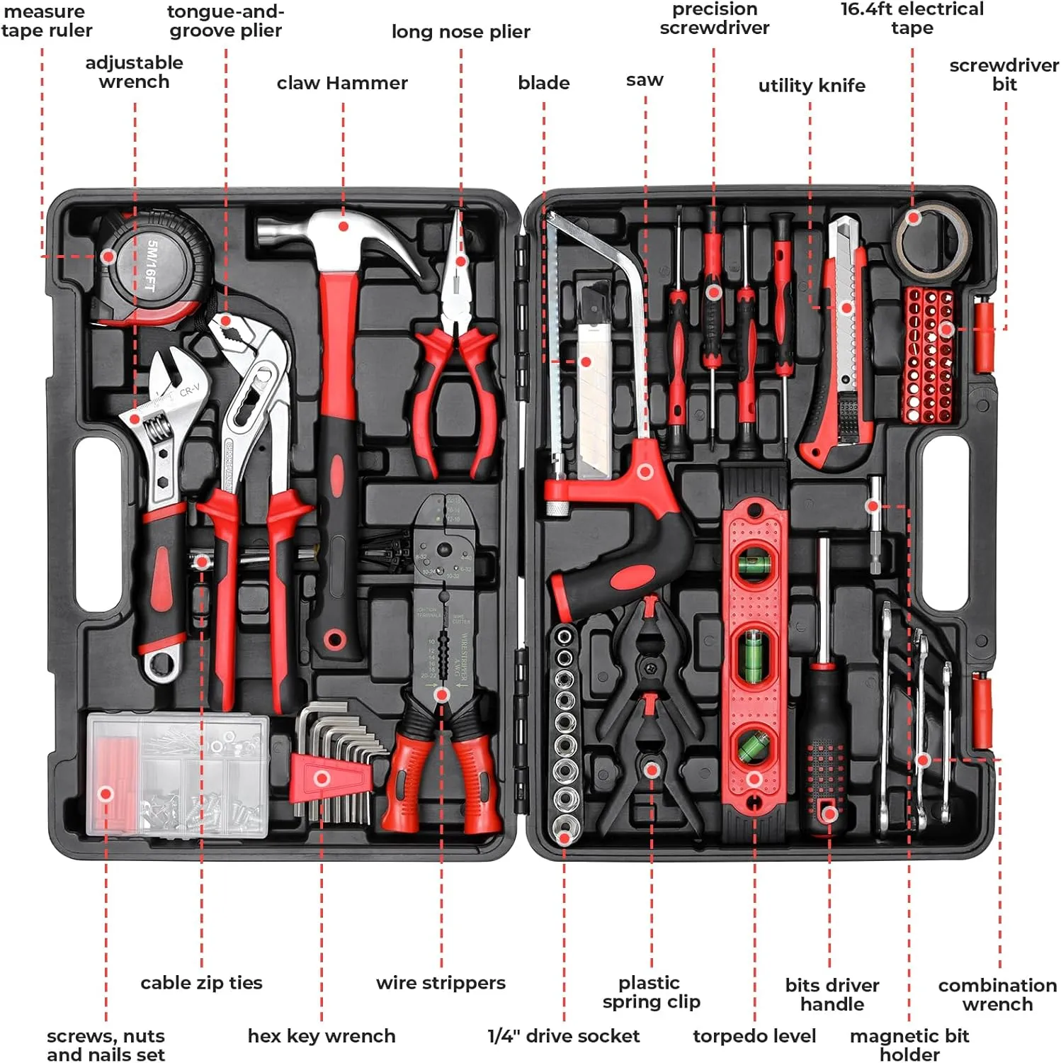 TLGREEN 218 Piece Tool Kit, Tool Set Mechanics Kit, Portable Tool Box Set with Saw Adjustable Wrench Drive Socket Combination Wrench, with Plastic Toolbox, for Home Apartment Garage (Red)