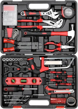 TLGREEN 218 Piece Tool Kit, Tool Set Mechanics Kit, Portable Tool Box Set with Saw Adjustable Wrench Drive Socket Combination Wrench, with Plastic Toolbox, for Home Apartment Garage (Red)