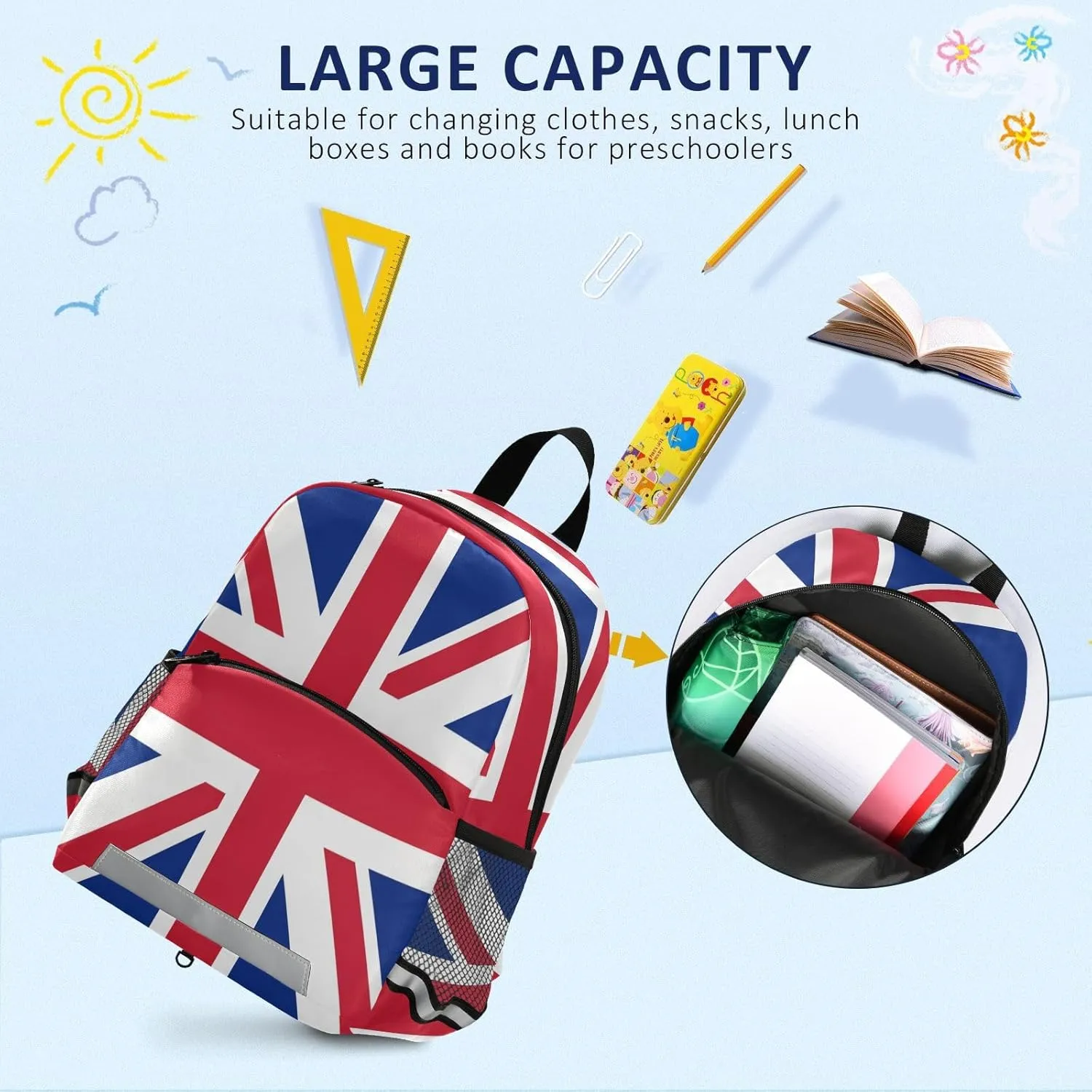 Toddlers Backpack Kids Childish England Uk British Flag Bookbag for Boys Girls 3-6 Years, Union Jack Kindergarten Preschool Backpack with Safety Leash Daypack