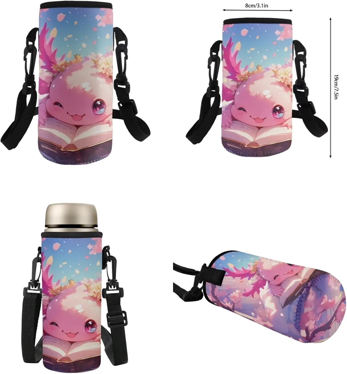 TODIYADDU Playful Axolotl Backpack for Girls 5Th Grade Boys Bookbag with Lunch Box Insulated Water Bottle and Water Bottles Cover 4 PCS Set Kids Comfy Students Large School Bag with Front Pocket