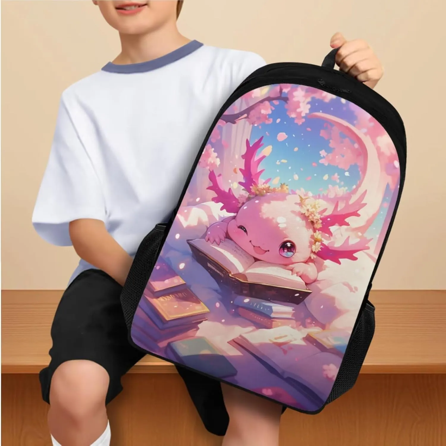 TODIYADDU Playful Axolotl Backpack for Girls 5Th Grade Boys Bookbag with Lunch Box Insulated Water Bottle and Water Bottles Cover 4 PCS Set Kids Comfy Students Large School Bag with Front Pocket