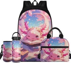 TODIYADDU Playful Axolotl Backpack for Girls 5Th Grade Boys Bookbag with Lunch Box Insulated Water Bottle and Water Bottles Cover 4 PCS Set Kids Comfy Students Large School Bag with Front Pocket