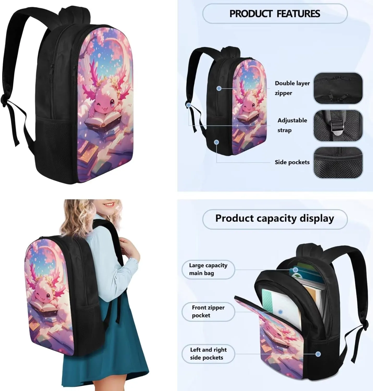 TODIYADDU Playful Axolotl Backpack for Girls 5Th Grade Boys Bookbag with Lunch Box Insulated Water Bottle and Water Bottles Cover 4 PCS Set Kids Comfy Students Large School Bag with Front Pocket