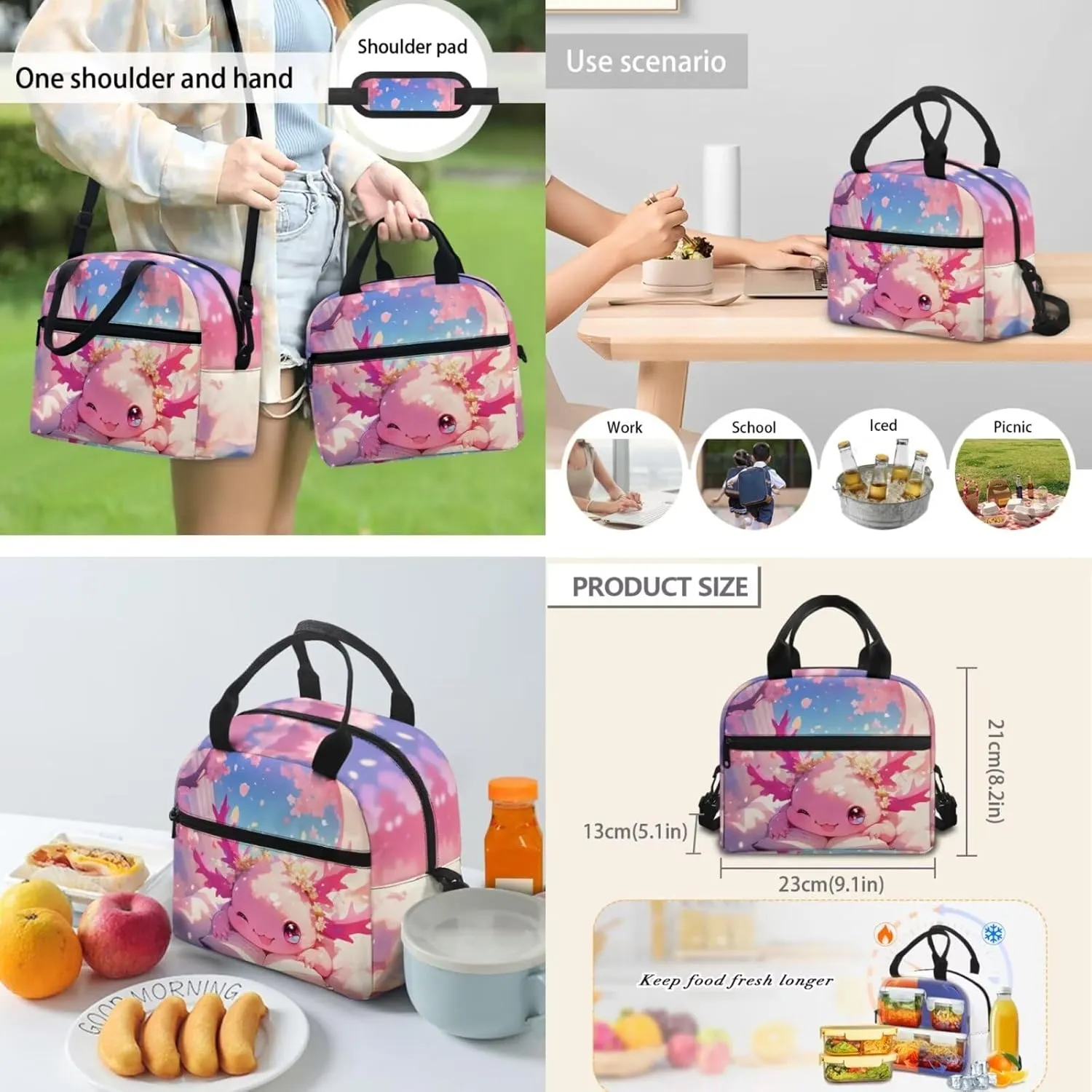 TODIYADDU Playful Axolotl Backpack for Girls 5Th Grade Boys Bookbag with Lunch Box Insulated Water Bottle and Water Bottles Cover 4 PCS Set Kids Comfy Students Large School Bag with Front Pocket