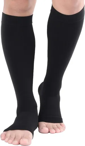 TOFLY® Compression Stockings (Pair), Grade Firm Support 20-30mmHg, Opaque, Unisex, Open Toe Knee High Compression Socks for Varicose Veins, Edema, Shin Splints, Nursing, Travel, Black M