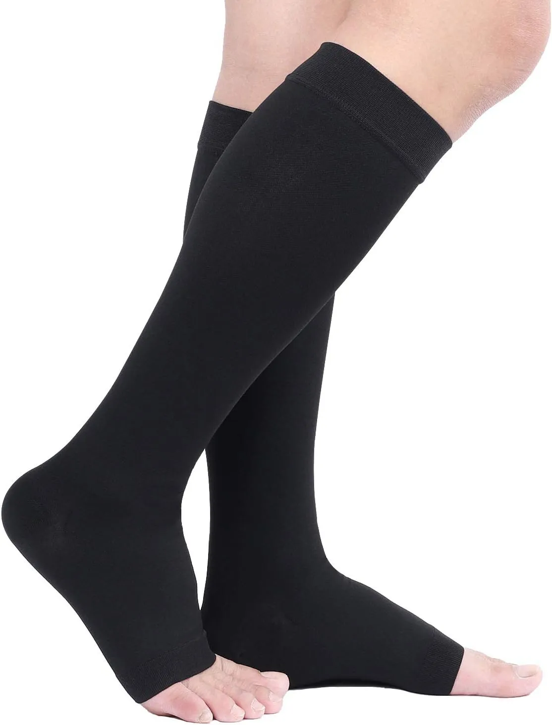TOFLY® Compression Stockings (Pair), Grade Firm Support 20-30mmHg, Opaque, Unisex, Open Toe Knee High Compression Socks for Varicose Veins, Edema, Shin Splints, Nursing, Travel, Black M
