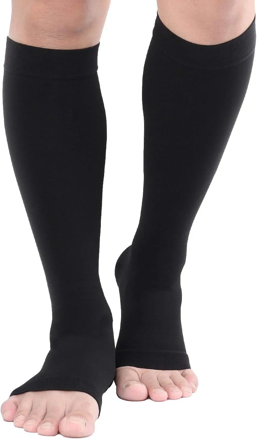 TOFLY® Compression Stockings (Pair), Grade Firm Support 20-30mmHg, Opaque, Unisex, Open Toe Knee High Compression Socks for Varicose Veins, Edema, Shin Splints, Nursing, Travel, Black M