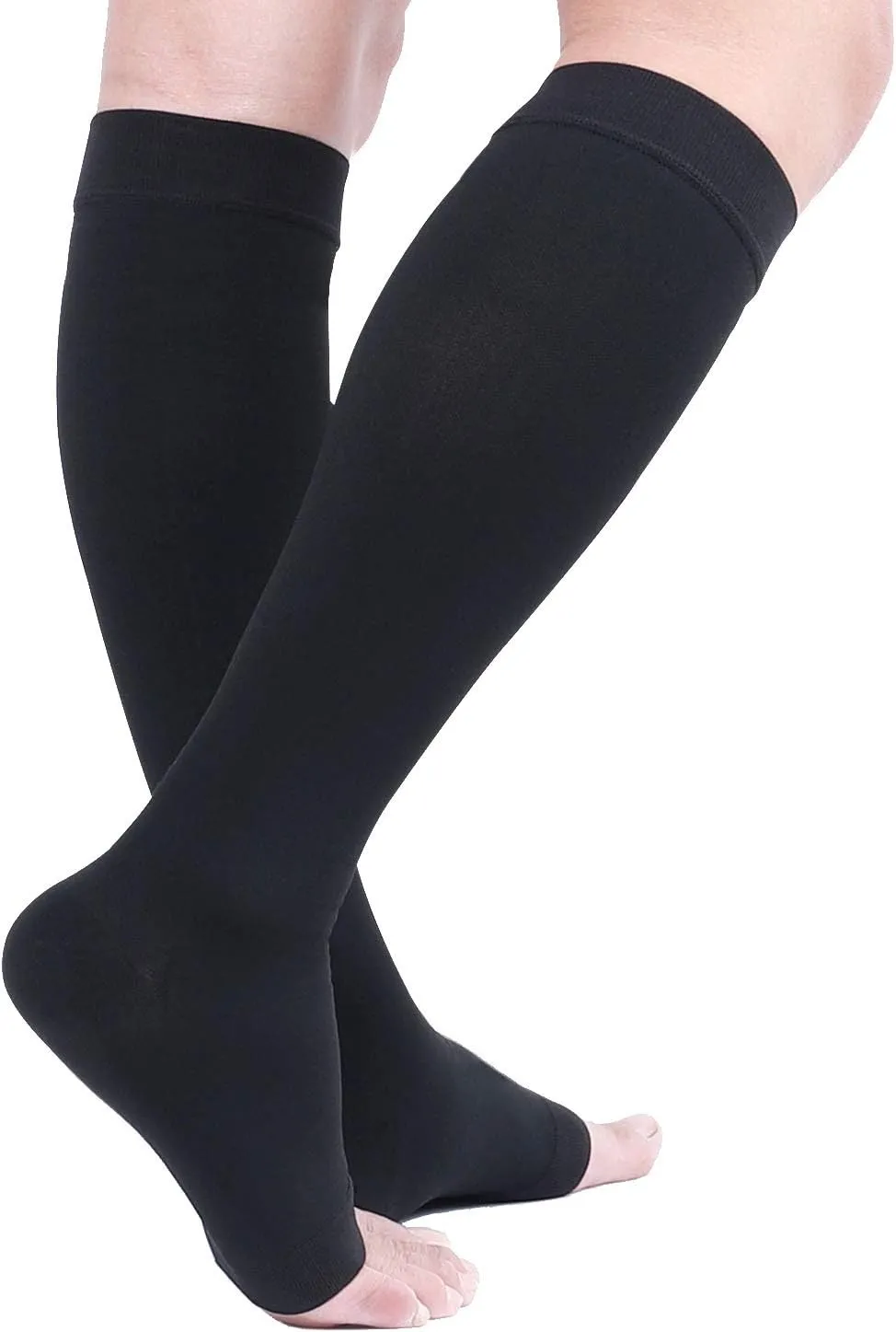 TOFLY® Compression Stockings (Pair), Grade Firm Support 20-30mmHg, Opaque, Unisex, Open Toe Knee High Compression Socks for Varicose Veins, Edema, Shin Splints, Nursing, Travel, Black M