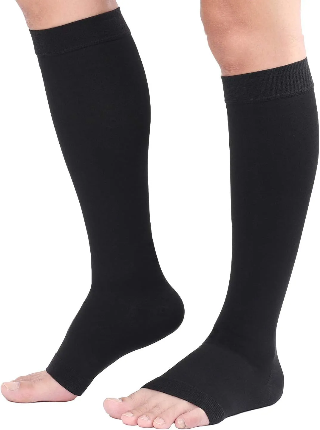 TOFLY® Compression Stockings (Pair), Grade Firm Support 20-30mmHg, Opaque, Unisex, Open Toe Knee High Compression Socks for Varicose Veins, Edema, Shin Splints, Nursing, Travel, Black M