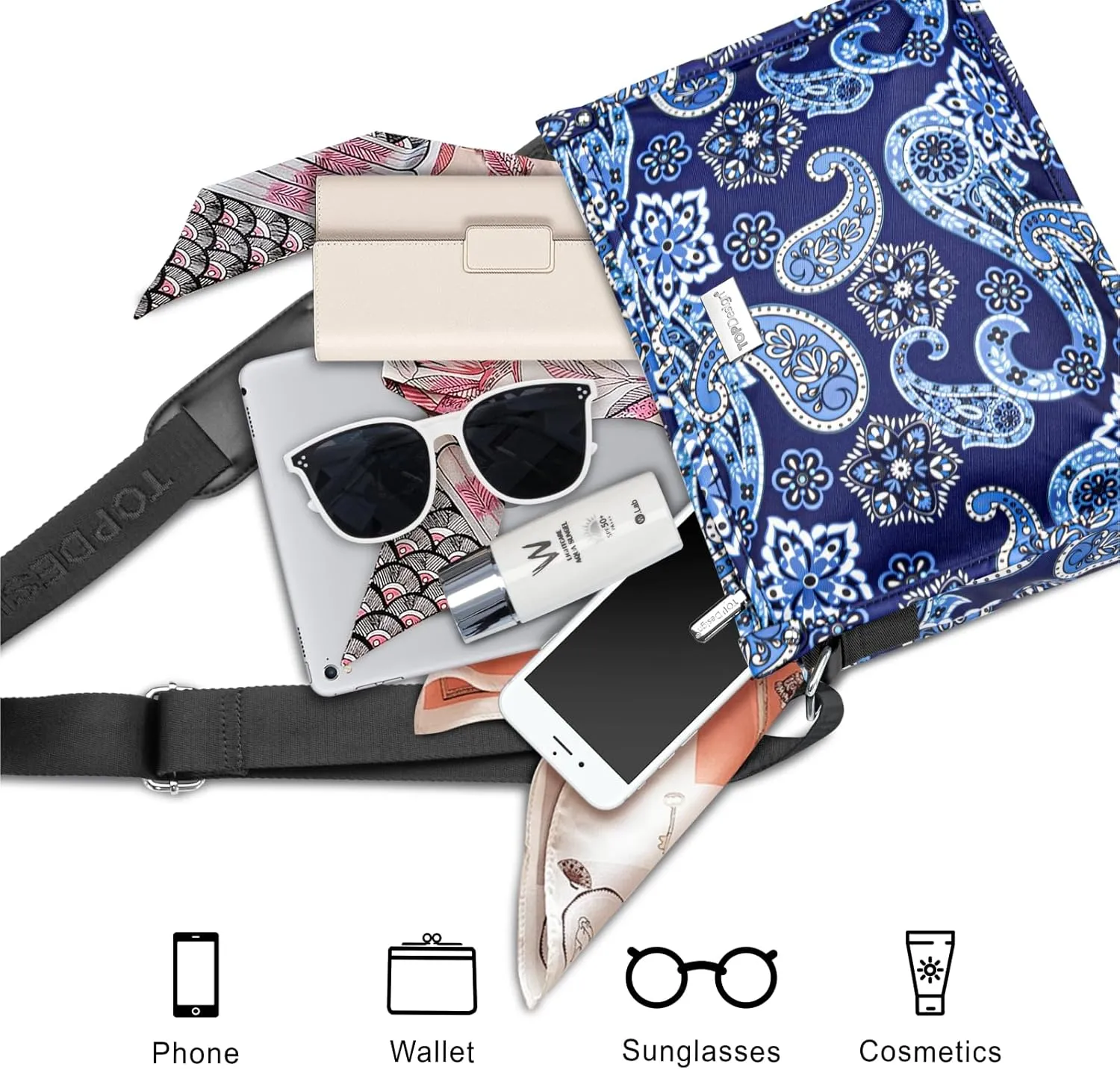 TOPDesign Lightweight Women Crossbody Bag, Shoulder Purse with Multiple Pockets, Triple Zip Handbag with Shoulder Strap