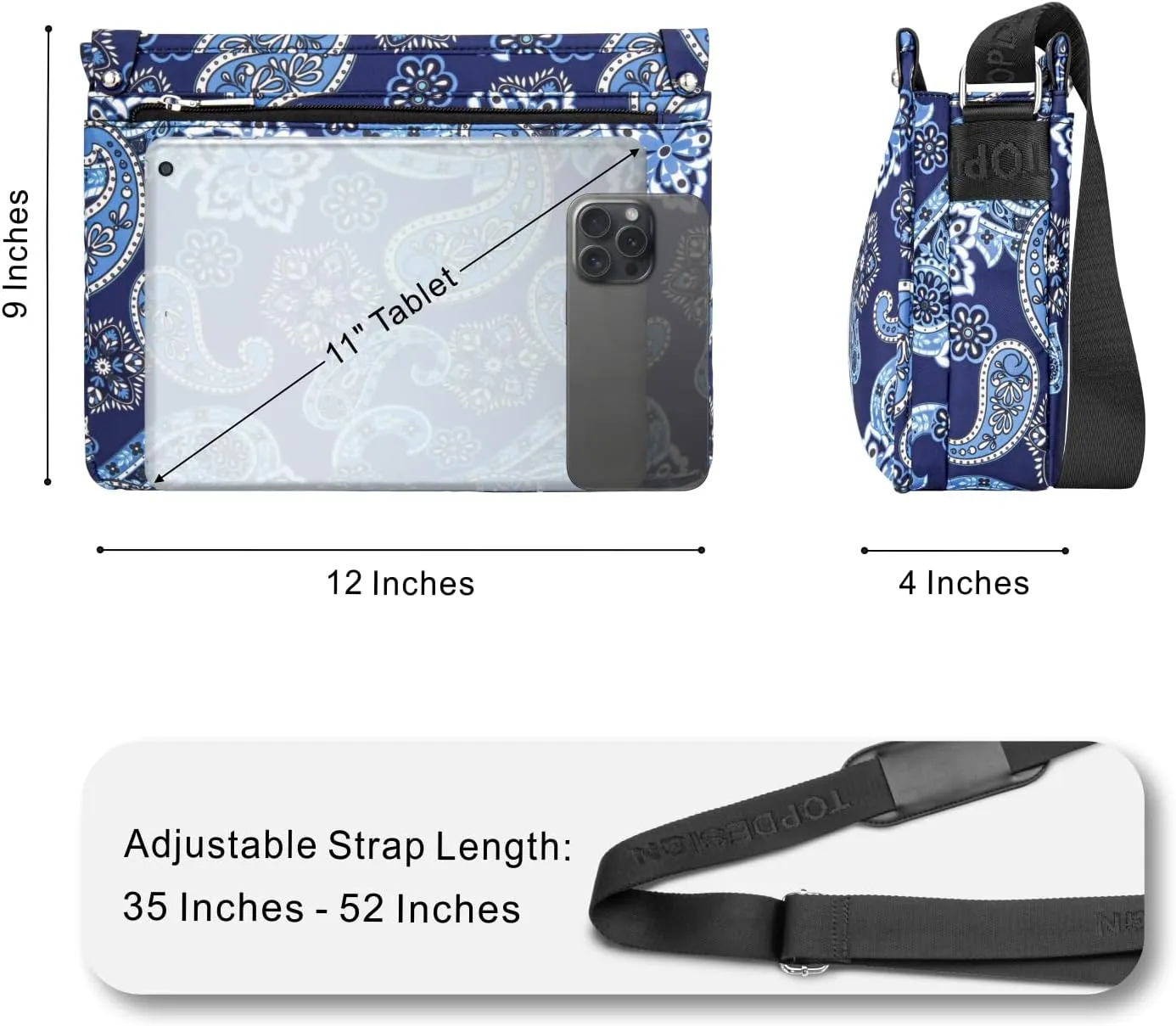 TOPDesign Lightweight Women Crossbody Bag, Shoulder Purse with Multiple Pockets, Triple Zip Handbag with Shoulder Strap