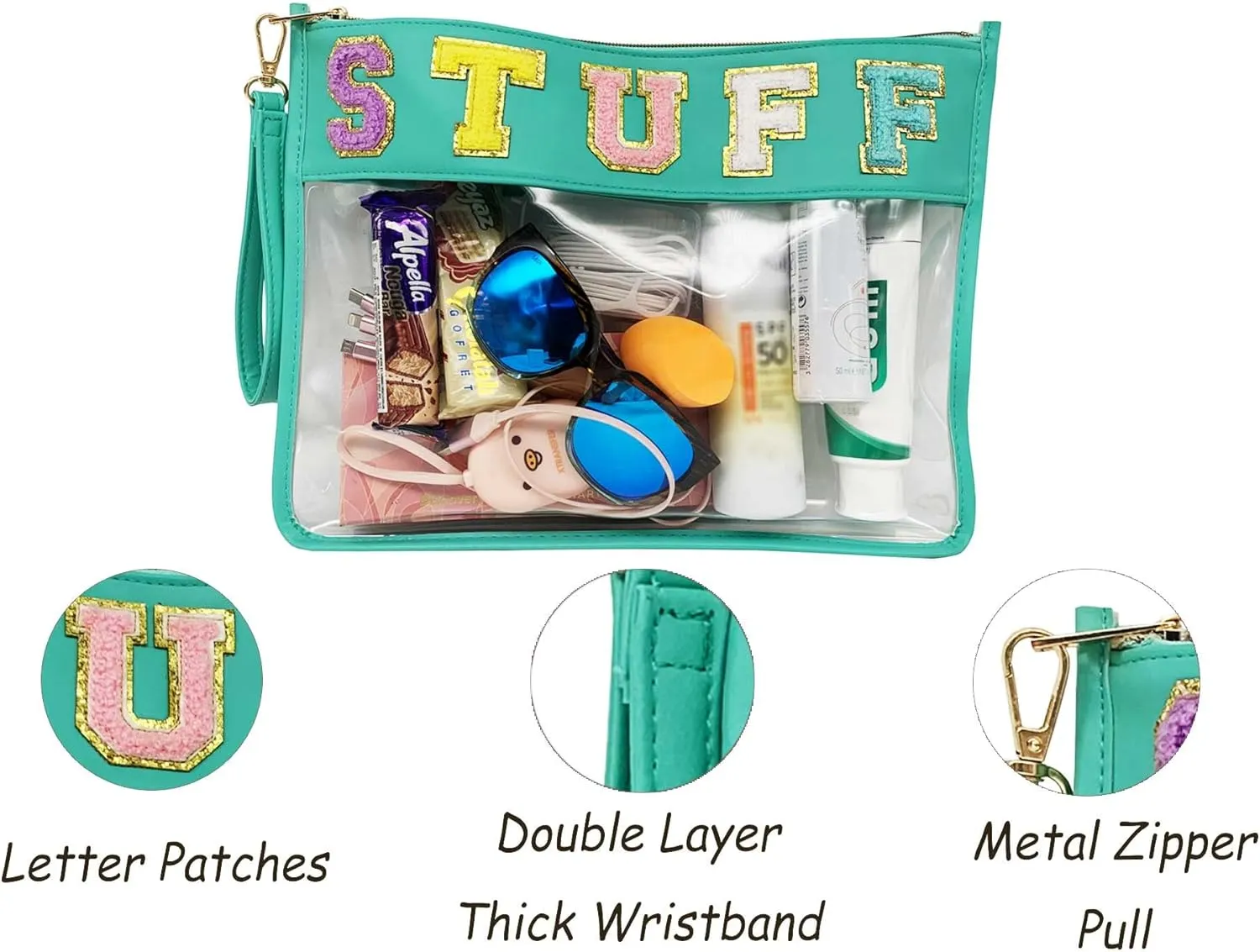 TopTTanBo Chenille Letter Clear Bag Purse Multi-purpose Transparent Waterproof Snacks Makeup Tote Bag with Wrist Strap