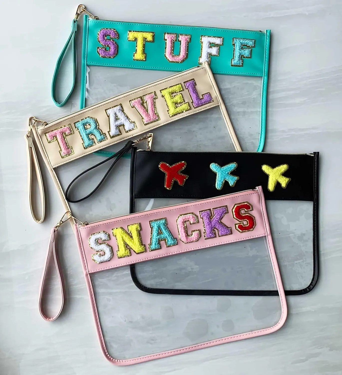 TopTTanBo Chenille Letter Clear Bag Purse Multi-purpose Transparent Waterproof Snacks Makeup Tote Bag with Wrist Strap