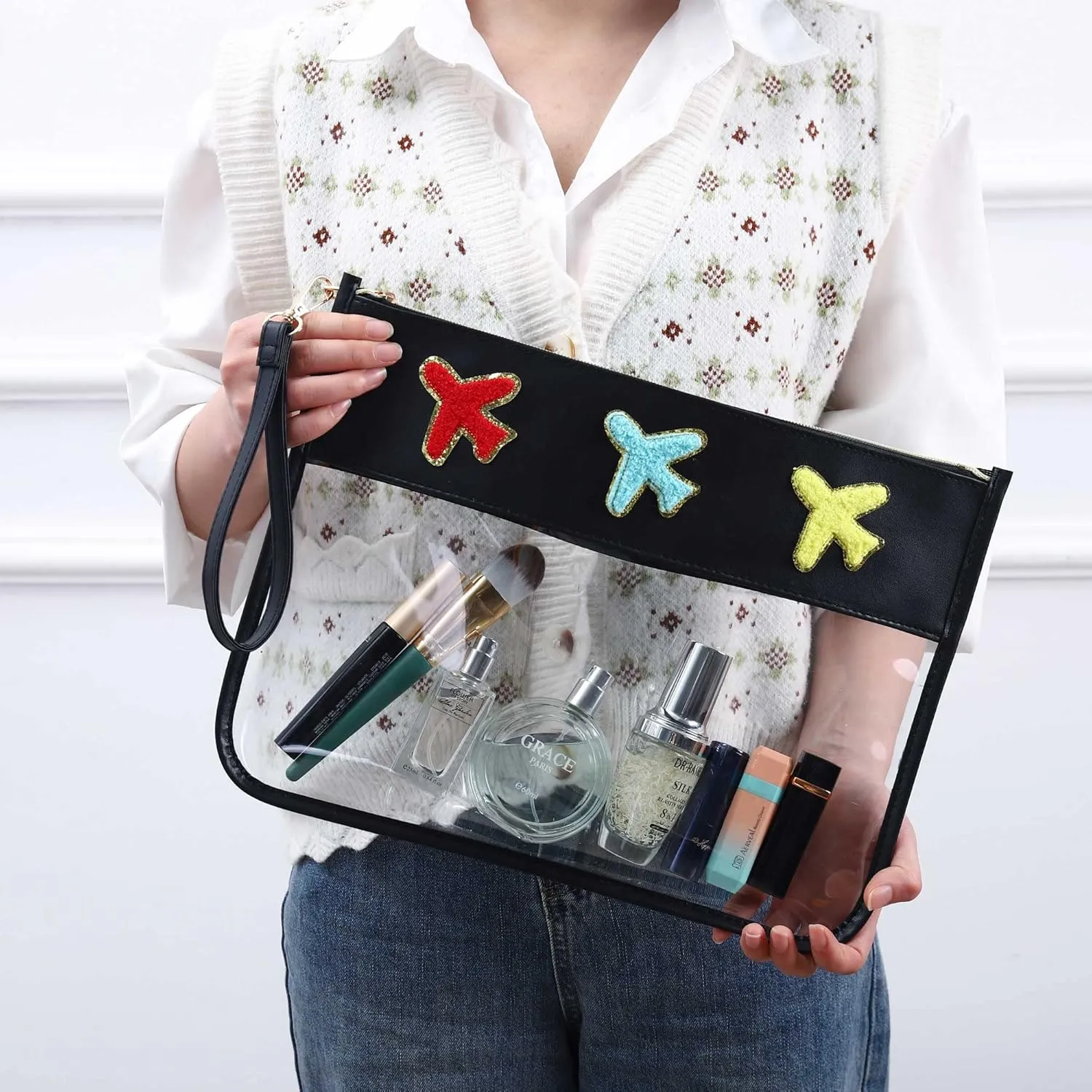 TopTTanBo Chenille Letter Clear Bag Purse Multi-purpose Transparent Waterproof Snacks Makeup Tote Bag with Wrist Strap