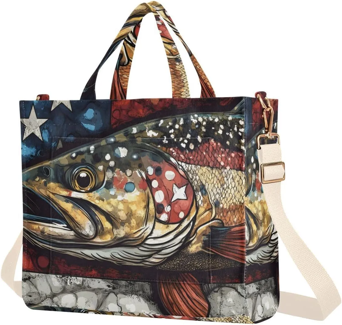 Tote Bag for Women Trout American Print, Corduroy Handbags Purses with Detachable Strap S