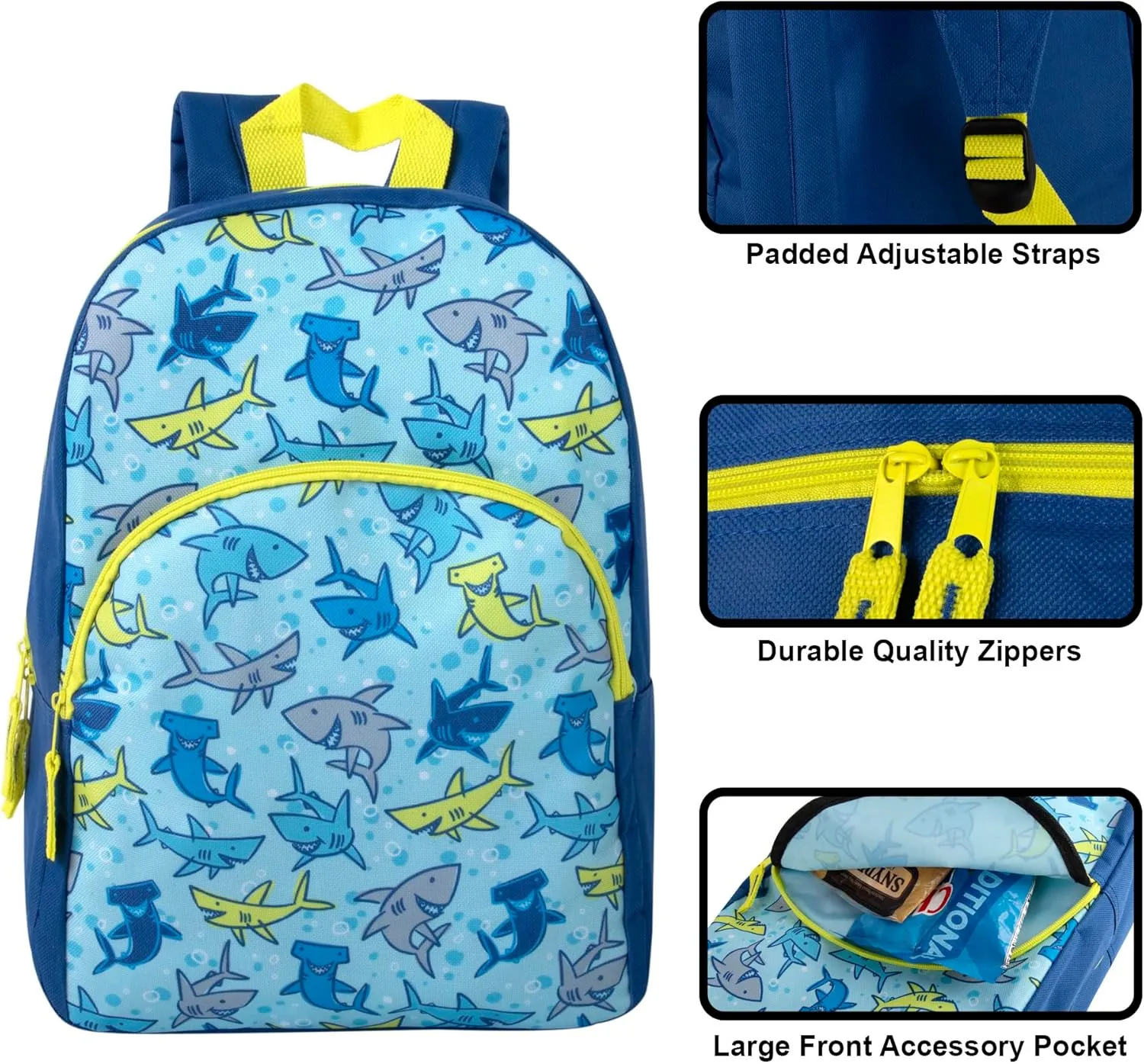 Trail maker 15 Inch Kids Backpacks for Preschool, Kindergarten, Elementary School Boys and Girls with Padded Straps (Smiling Sharks)
