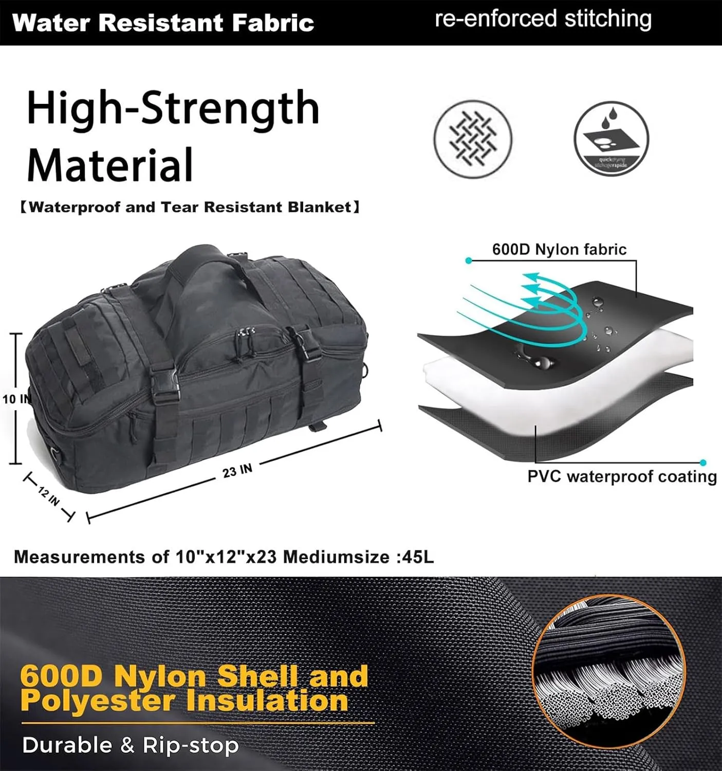 Travel Duffle Bag Backpack for Men - Large Tactical Bags Weekender Gym Bag for Overnight Traveling Military Workout Deployment Sports (Black, 45L)
