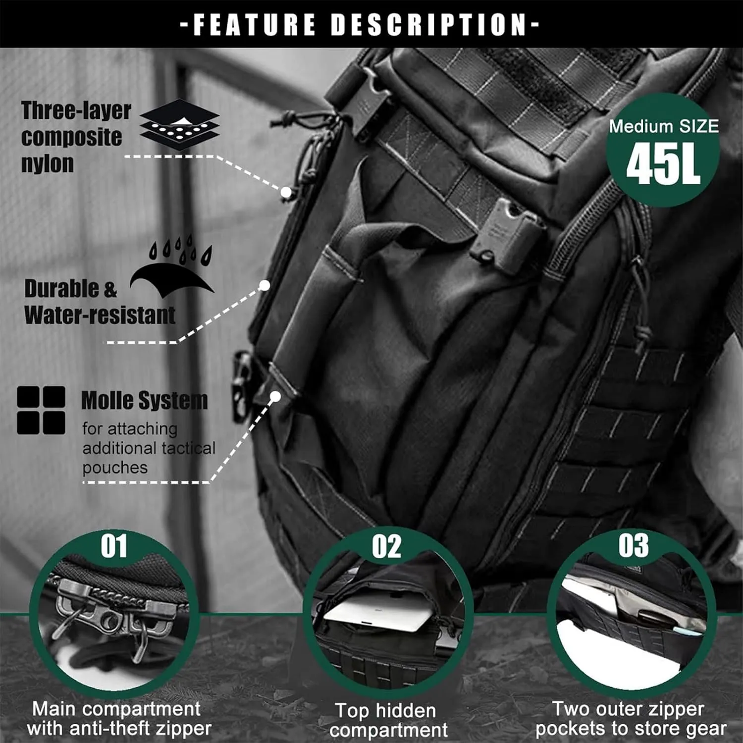 Travel Duffle Bag Backpack for Men - Large Tactical Bags Weekender Gym Bag for Overnight Traveling Military Workout Deployment Sports (Black, 45L)