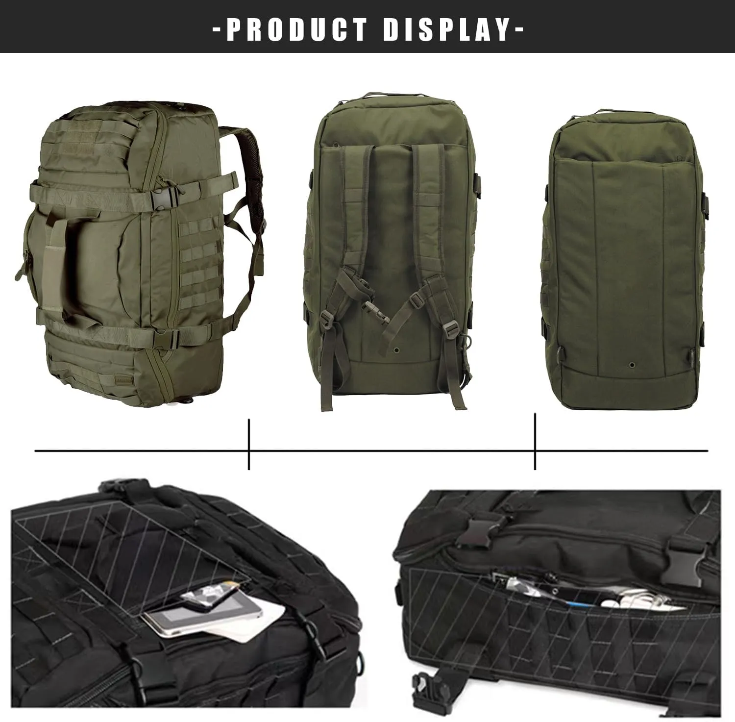 Travel Duffle Bag Backpack for Men - Large Tactical Bags Weekender Gym Bag for Overnight Traveling Military Workout Deployment Sports (Green, 45L)