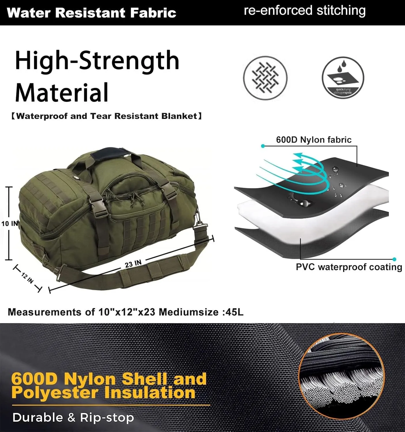 Travel Duffle Bag Backpack for Men - Large Tactical Bags Weekender Gym Bag for Overnight Traveling Military Workout Deployment Sports (Green, 45L)