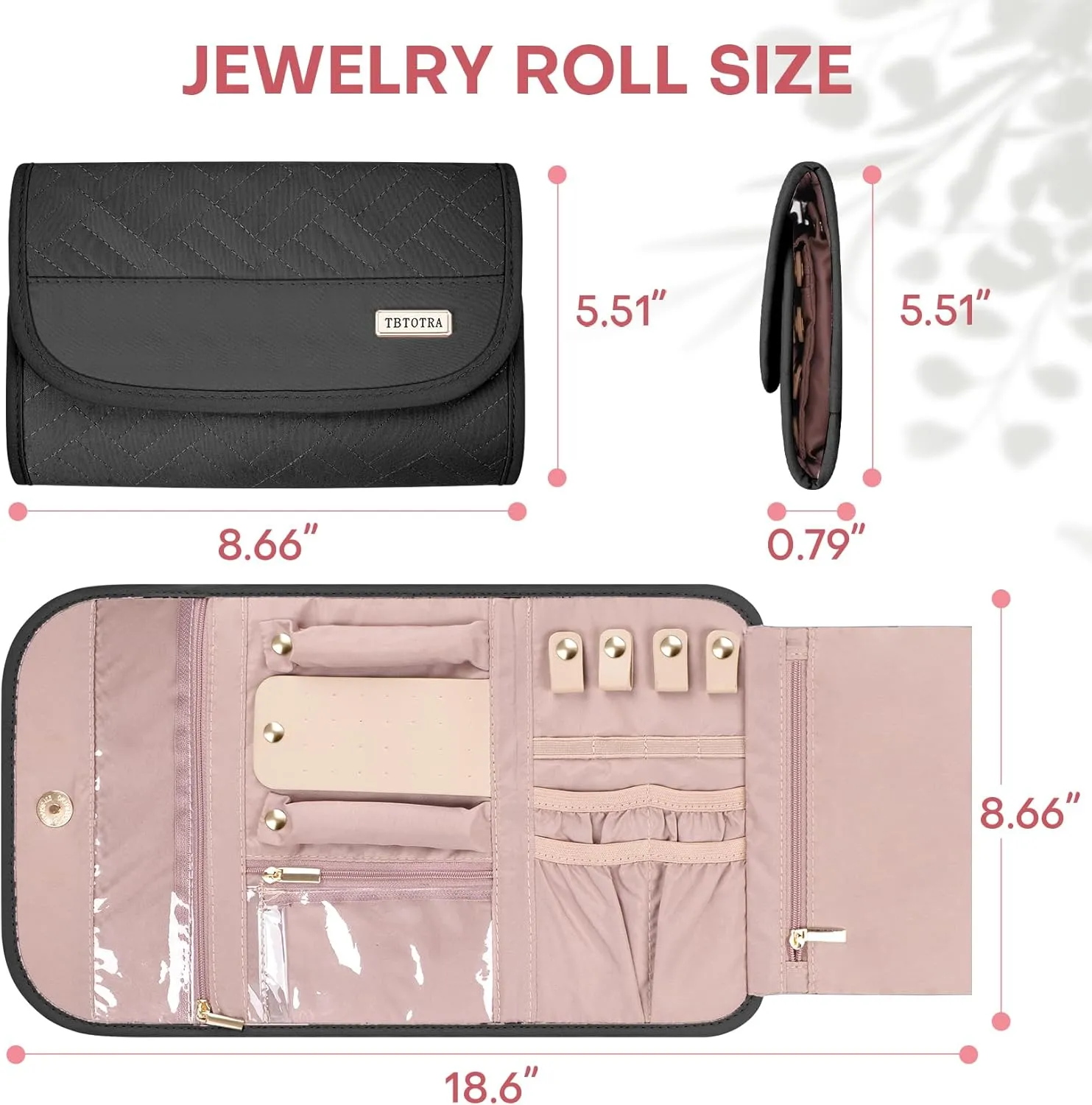 Travel Jewelry Case, Foldable Jewelry Organizer for Earrings, Necklaces, Rings, Bracelets, Jewelry Roll for Travel, Everyday Jewelry Storage or Gifts, Black
