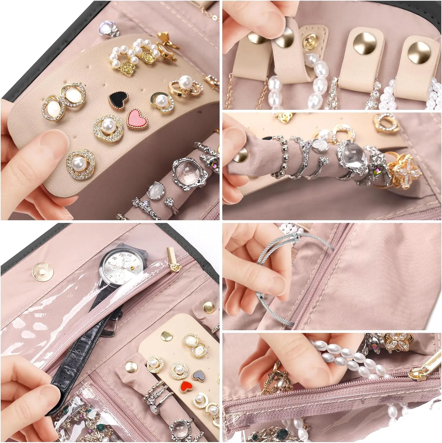 Travel Jewelry Case, Foldable Jewelry Organizer for Earrings, Necklaces, Rings, Bracelets, Jewelry Roll for Travel, Everyday Jewelry Storage or Gifts, Black