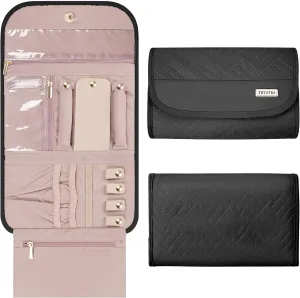 Travel Jewelry Case, Foldable Jewelry Organizer for Earrings, Necklaces, Rings, Bracelets, Jewelry Roll for Travel, Everyday Jewelry Storage or Gifts, Black