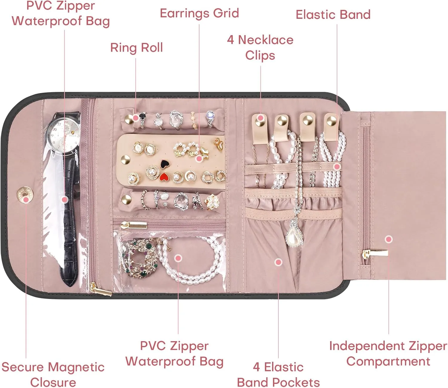 Travel Jewelry Case, Foldable Jewelry Organizer for Earrings, Necklaces, Rings, Bracelets, Jewelry Roll for Travel, Everyday Jewelry Storage or Gifts, Black