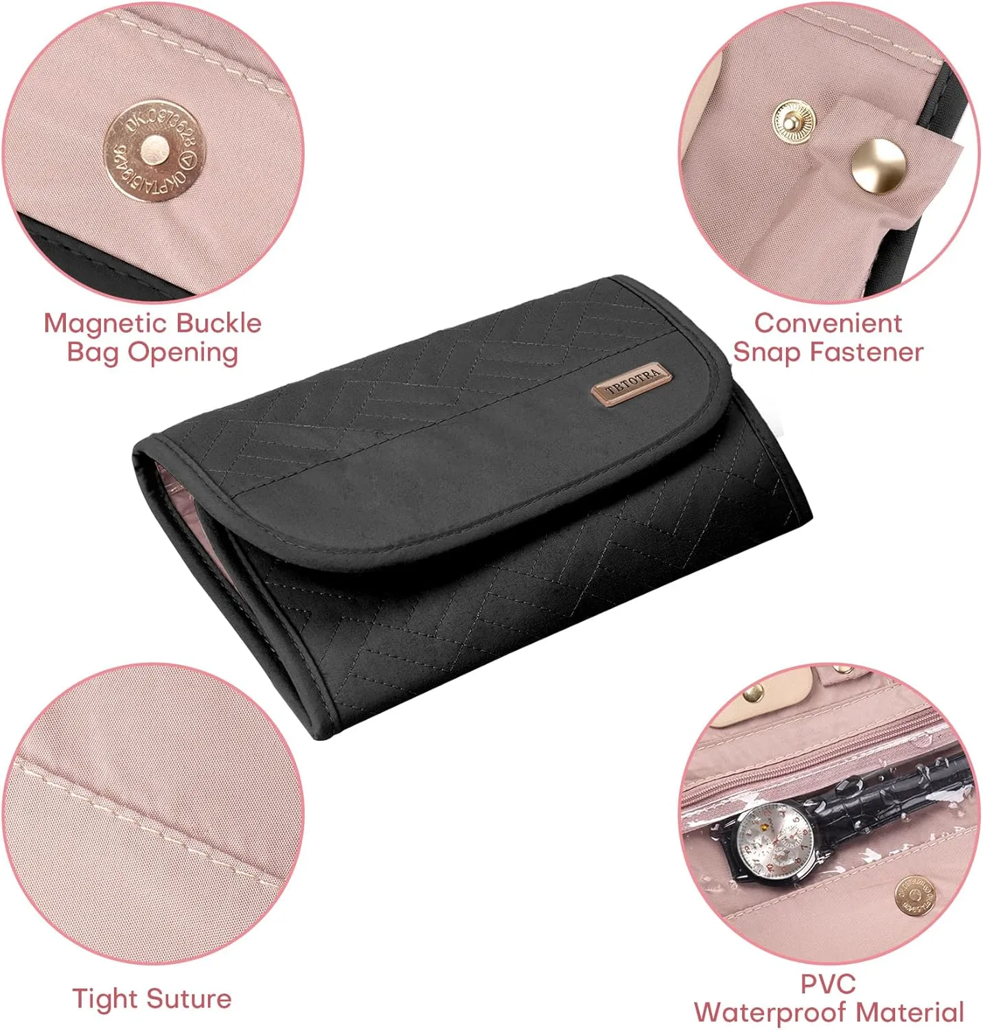 Travel Jewelry Case, Foldable Jewelry Organizer for Earrings, Necklaces, Rings, Bracelets, Jewelry Roll for Travel, Everyday Jewelry Storage or Gifts, Black