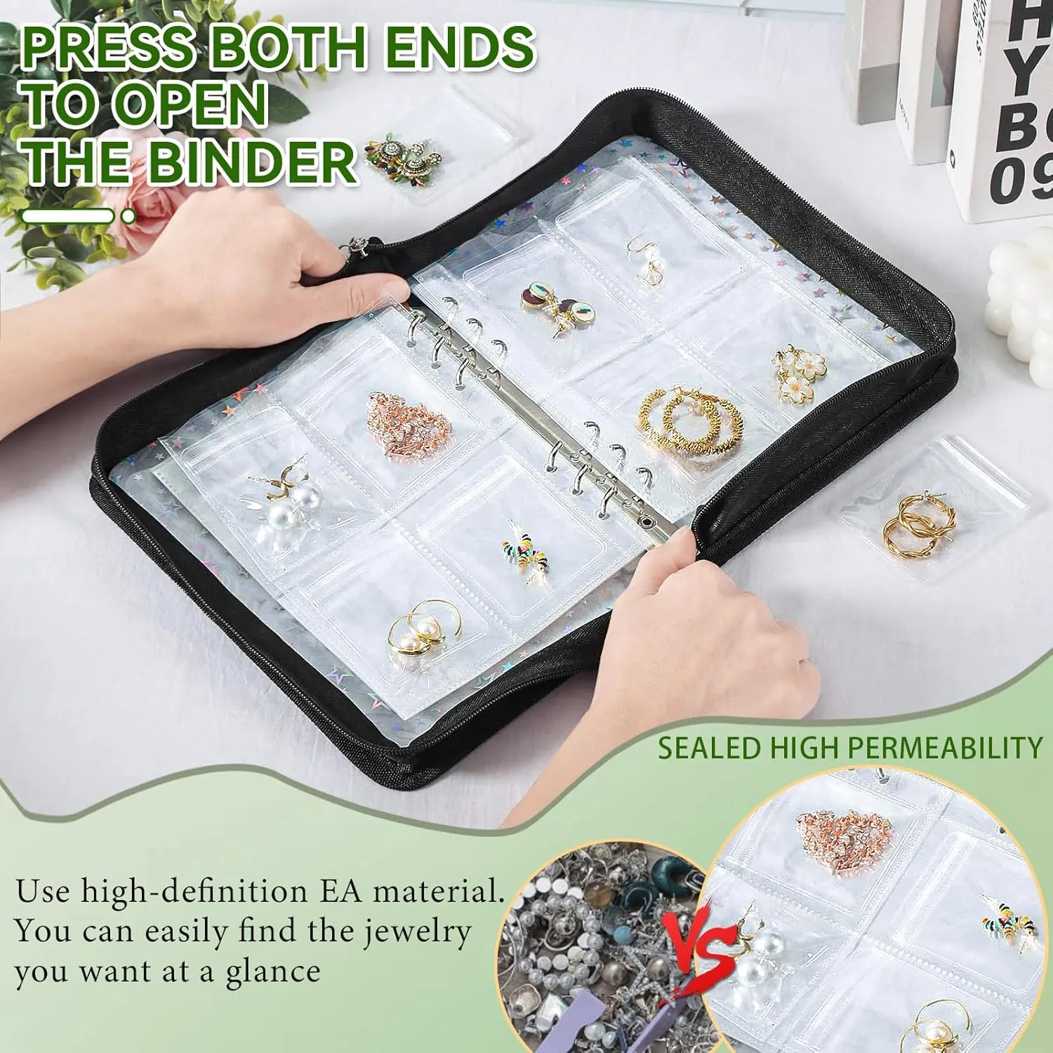 Travel Jewelry Organizer Case Clear Earring Organizer Case Transparent Jewelry Storage Book (Black, Set Pack of 2 Jewelry books)