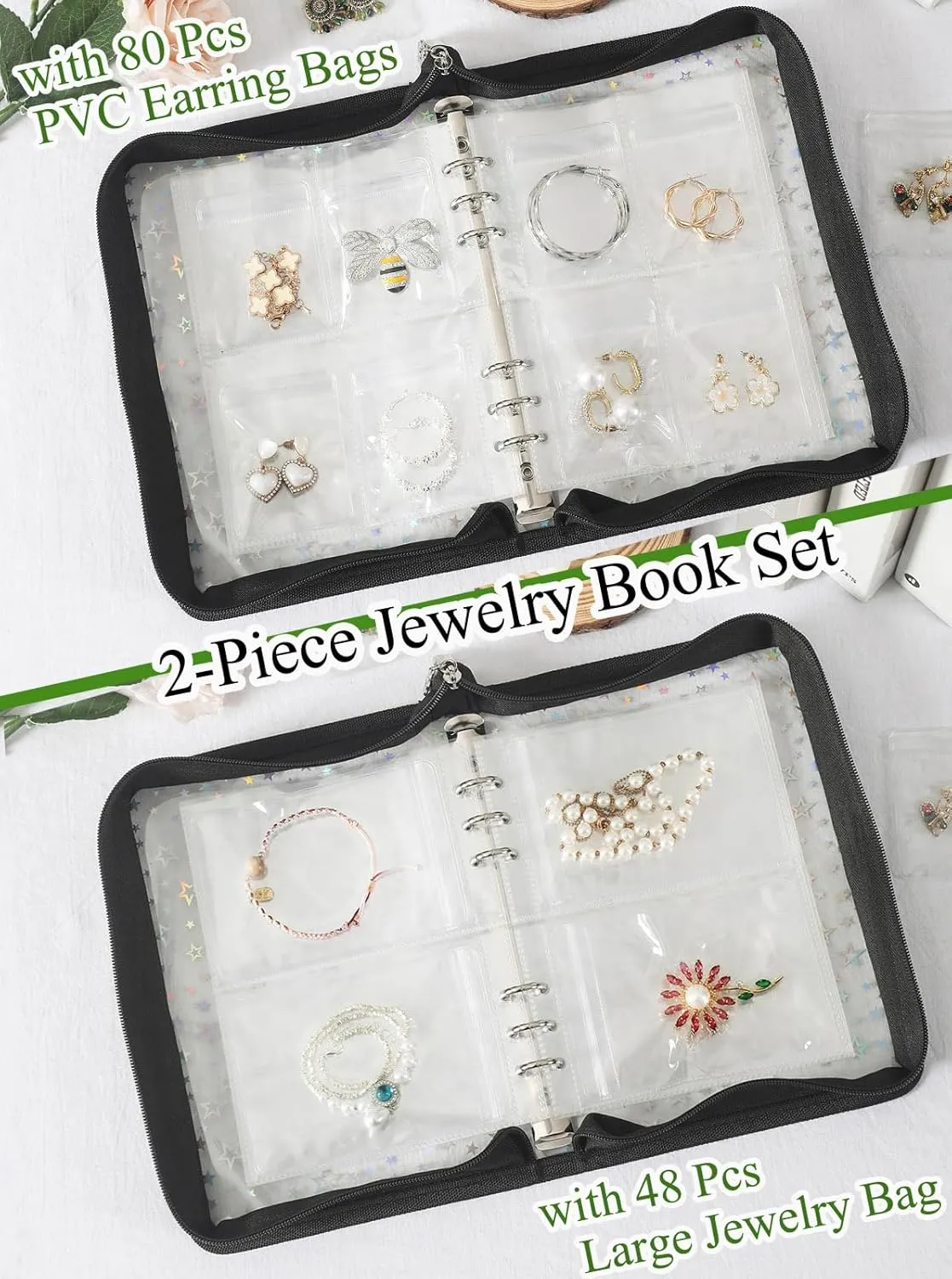 Travel Jewelry Organizer Case Clear Earring Organizer Case Transparent Jewelry Storage Book (Black, Set Pack of 2 Jewelry books)