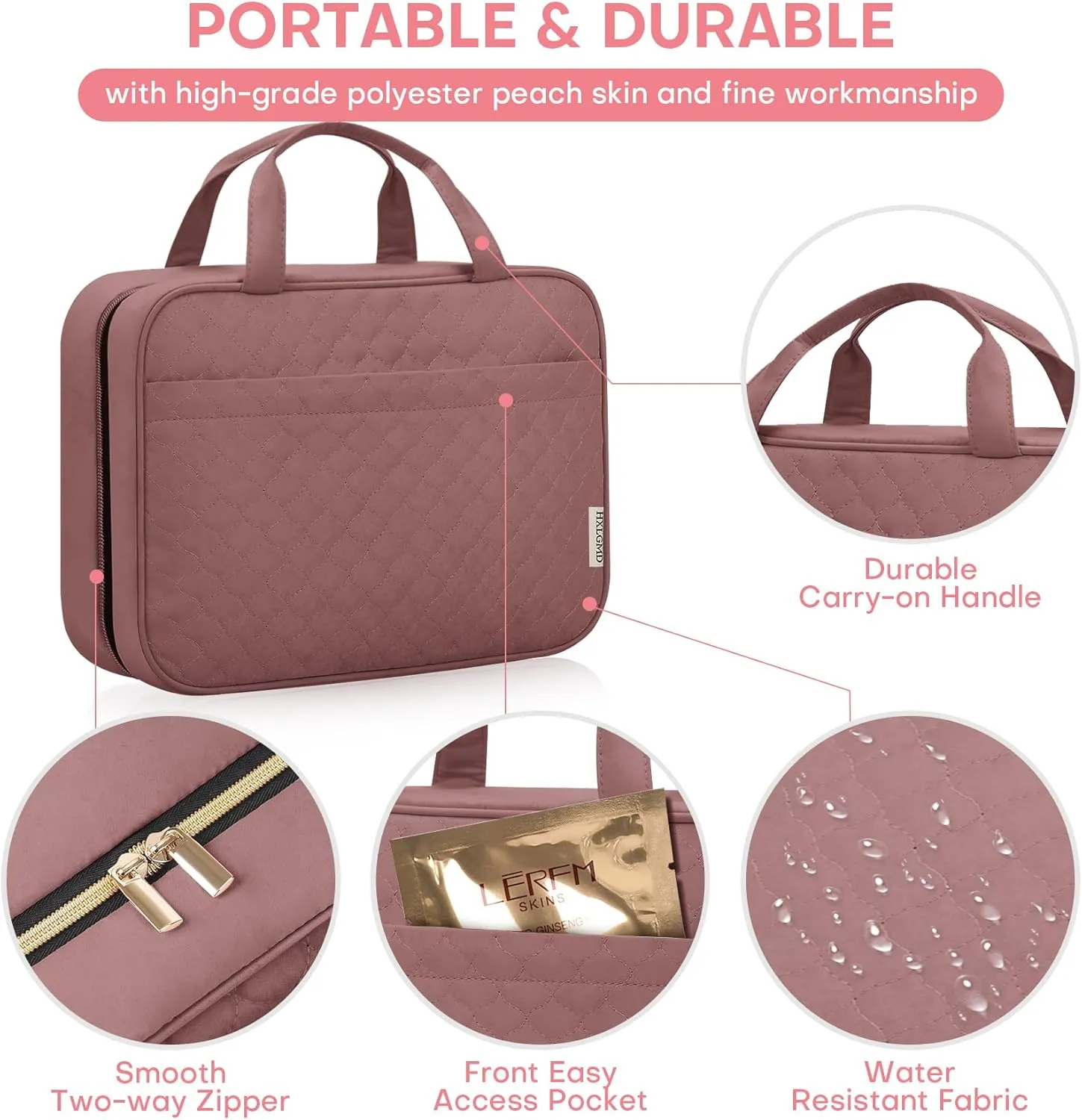Travel Size Toiletry Bag for Women, Portable Cosmetic Bag with Hanging Hook, Travel Essentials Water-resistant Makeup Organizer for Accessories, Shampoo, Full-size Container, Toiletries