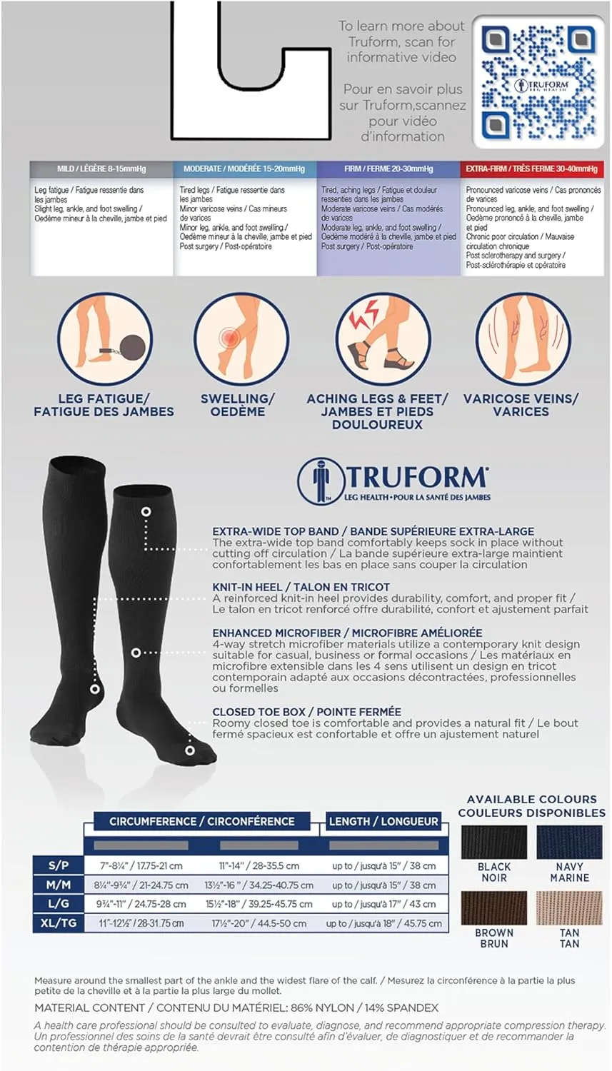 Truform Compression Socks, 20-30 mmHg, Men's Dress Socks, Knee High Over Calf Length, Black, Large,1944BL-L