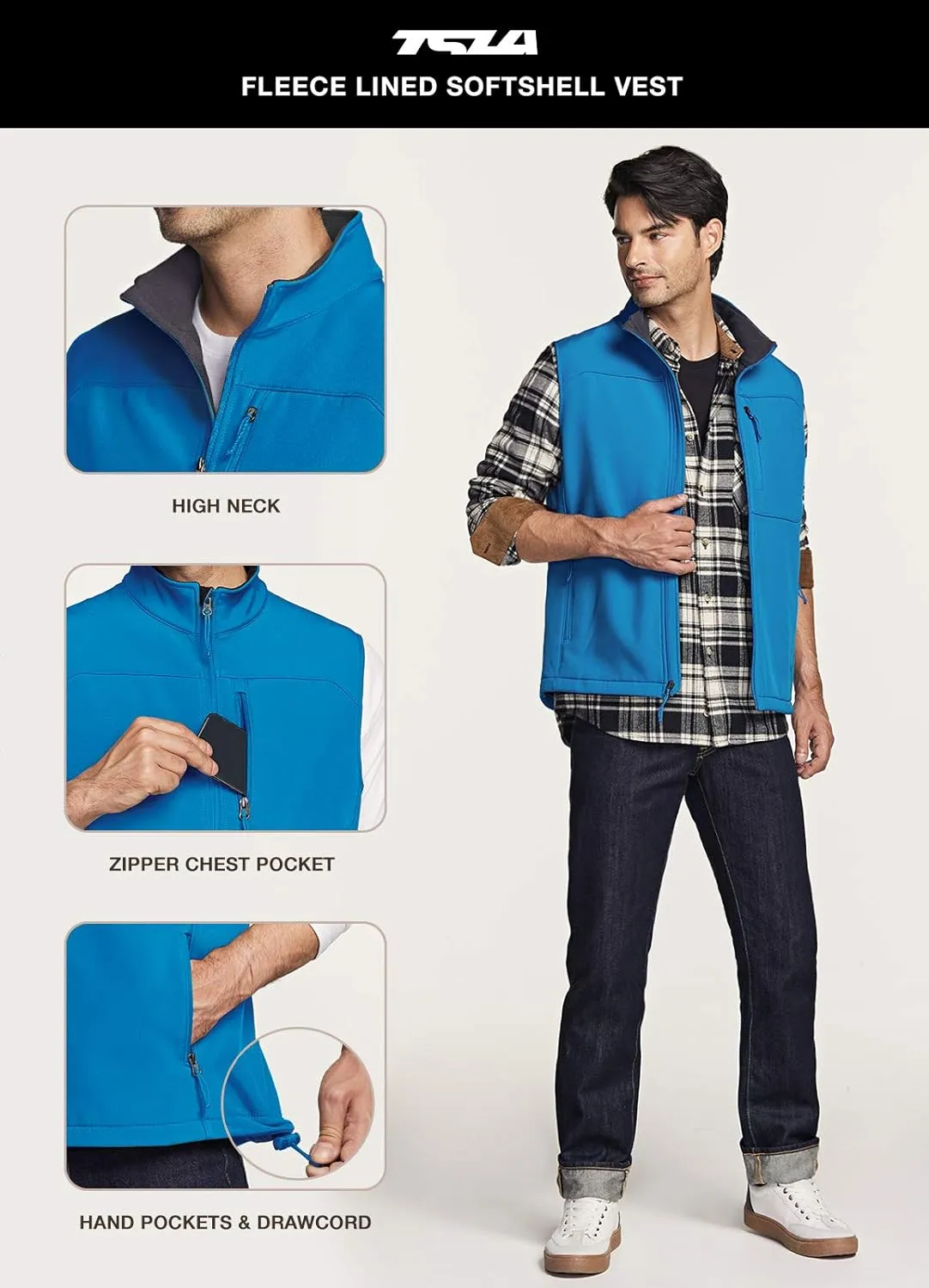 TSLA Men's Sleeveless Softshell Vest, Full-Zip Windbreaker Vest, Outdoor Golf Travel Hiking Vest