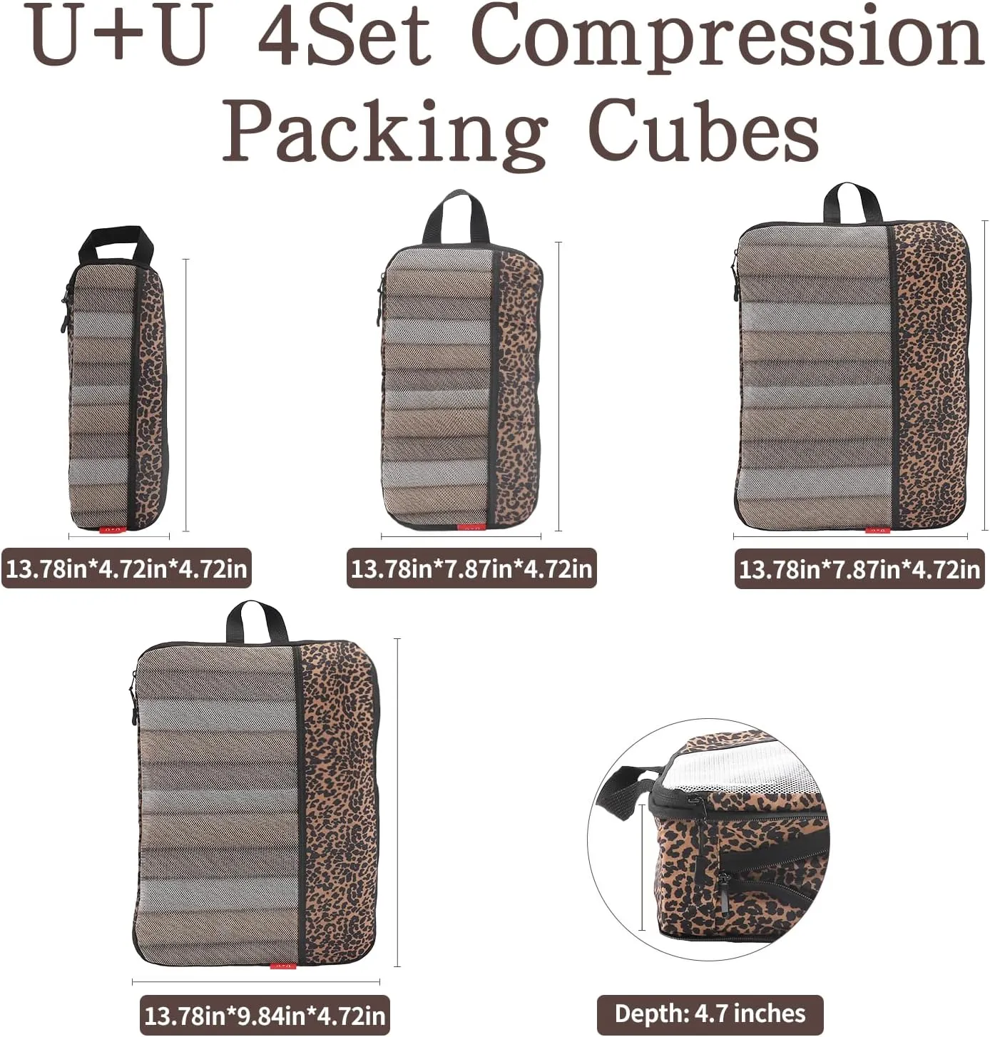 U U 4 Set Compression Packing Cubes - Ultralight Travel Organizers with Laundry Bag, Space-Saving Suitcase Organizer, Expandable Packing Cubes for Travel, Business Trip and Family Vacation (Leopard)