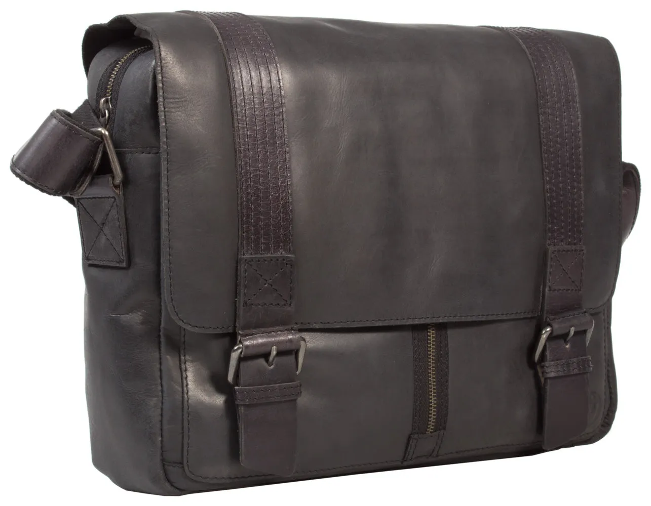 UBERBAG GREY BLACK  LEATHER MILITARY MESSENGER / MAN BAG