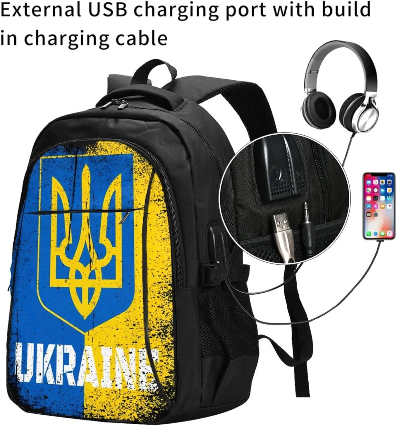 Ukraine Ukrainian Flag Casual Travel Backpacks Hiking Camping Backpack Large Outdoor Sport Daypack Laptop Rucksack Climbing Working Bags with USB Port