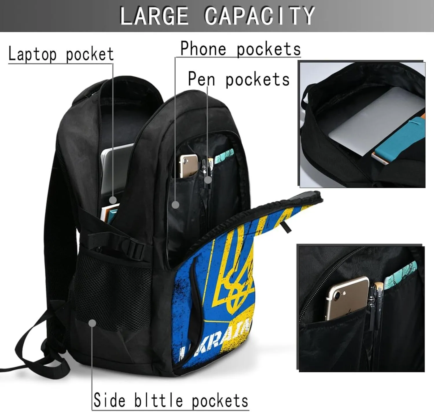 Ukraine Ukrainian Flag Casual Travel Backpacks Hiking Camping Backpack Large Outdoor Sport Daypack Laptop Rucksack Climbing Working Bags with USB Port